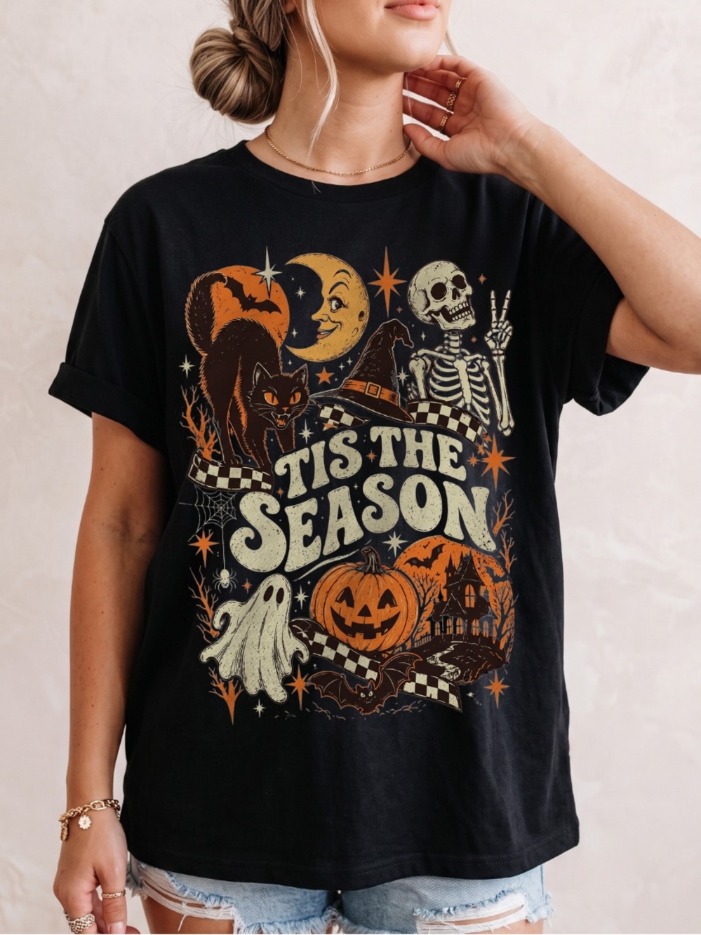 Gildan Black Halloween Tis the Season Graphic Tee Spooky Cat Black T-Shirt